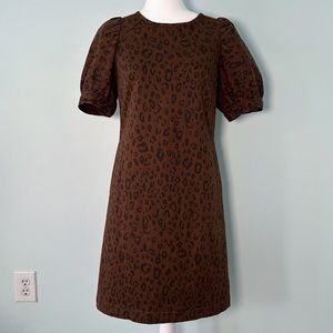 UNIVERSAL THREAD MINI DRESS DENIM CUFFED SLEEVE POCKETS LEOPARD BROWN (SIZE 2)